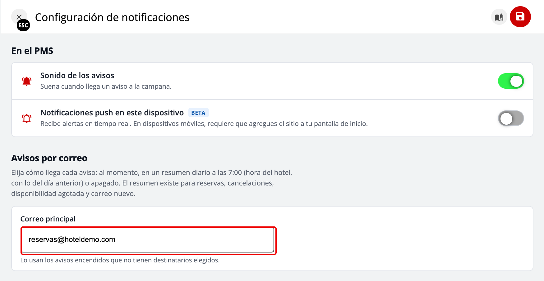Sonido de los avisos, notificaciones push y correo principal